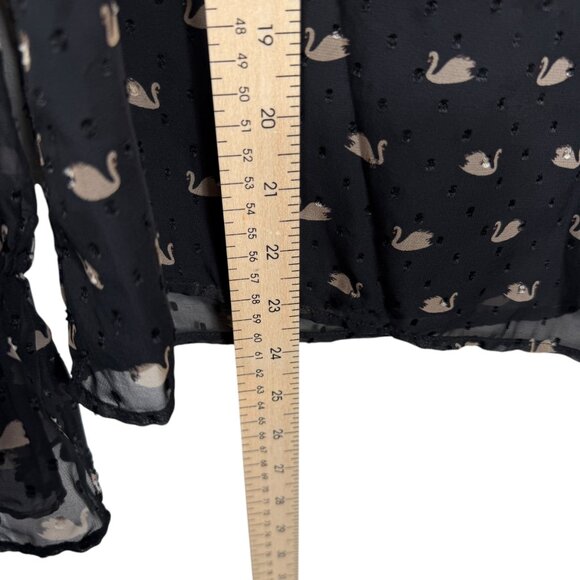 RSVP by Talbots Fancy Swans Print Top Medium Black Tan Dotted Lace Semi Sheer - Picture 9 of 11